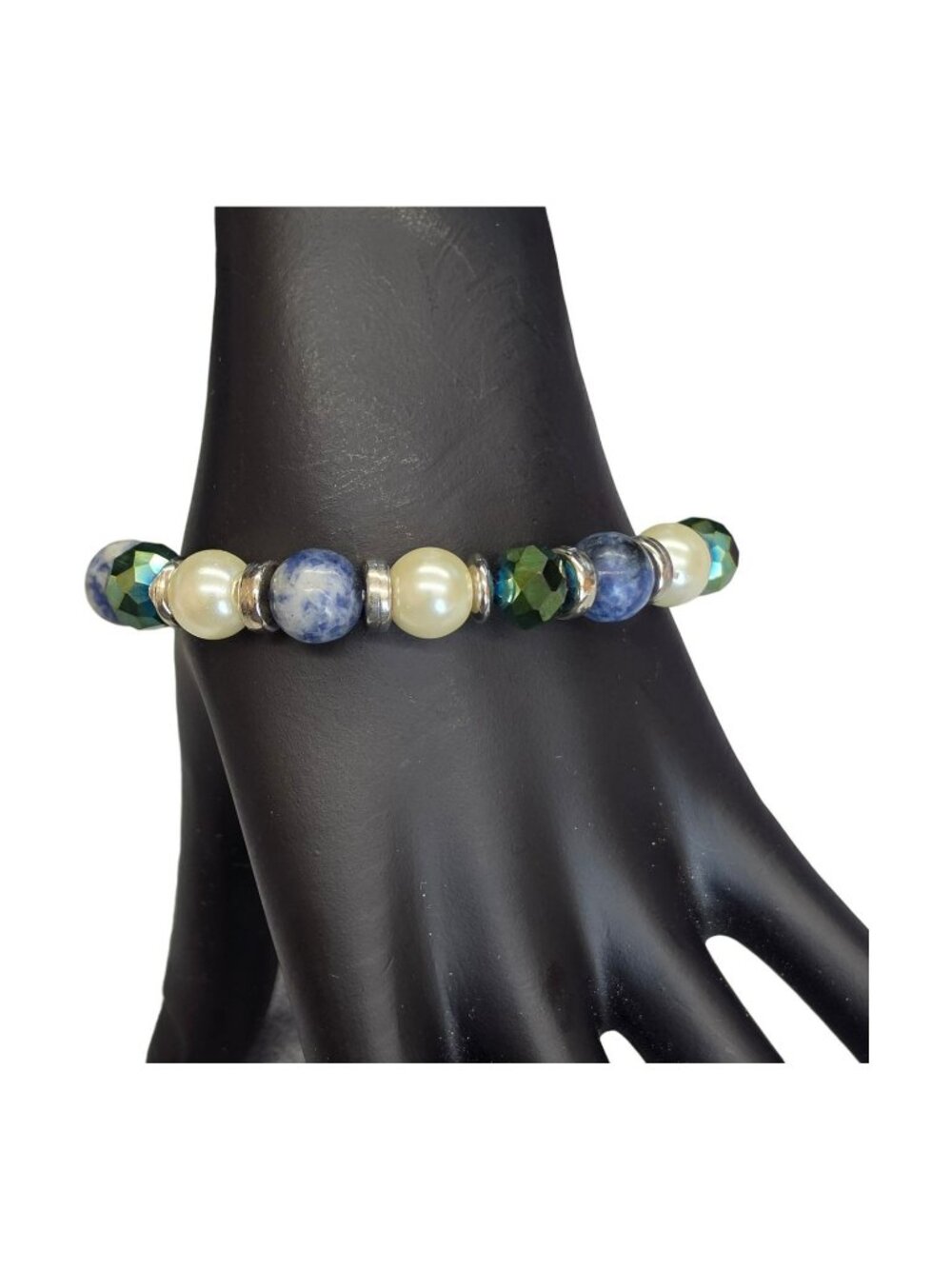 Beaded Stretch Bracelet Sodalite Green Crystals Faux Pearl Accents Size 7